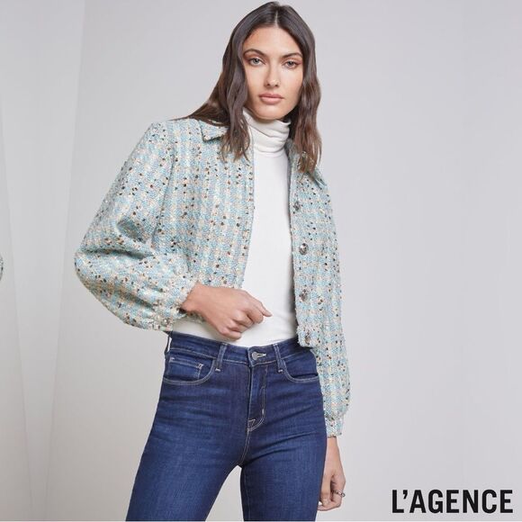 L'AGENCE **NWT** Bridges Cropped Neutral / Sage Multi Tweed Jacket - Picture 1 of 15